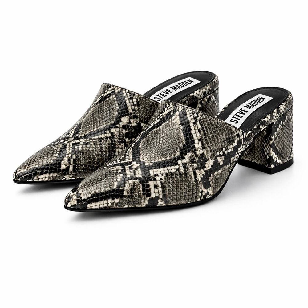 Steve Madden Bishop Snakeskin Print Block Heel Mule Black White Pointed Toe 6.5